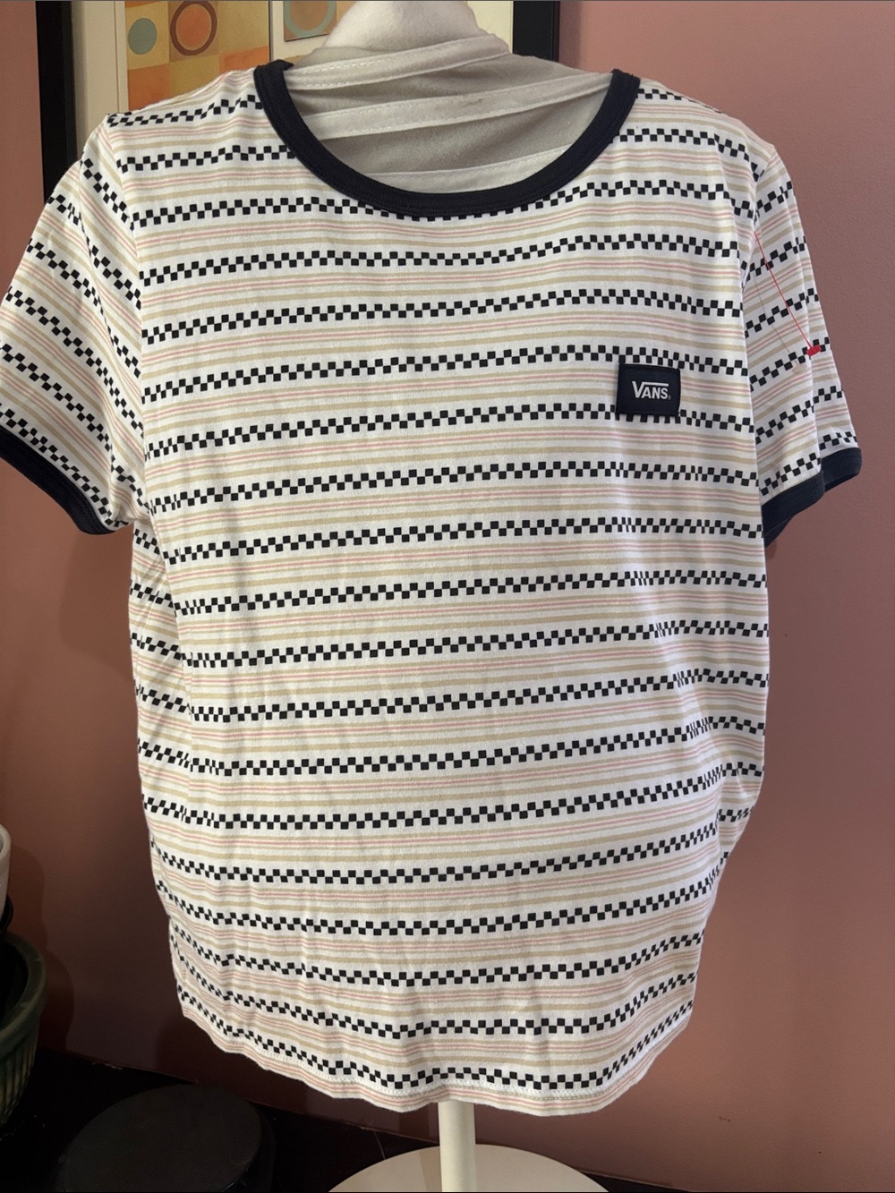 Vans  Black & White Striped Checkerboard Logo Tee Size Large NWOT